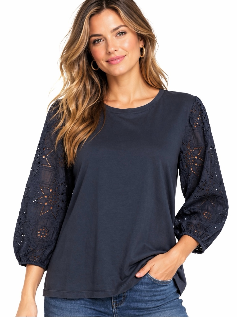 JOHNNY WAS/JADE Black Nora Easy Tee with Decorative Eyelet Puff Sleeves Large